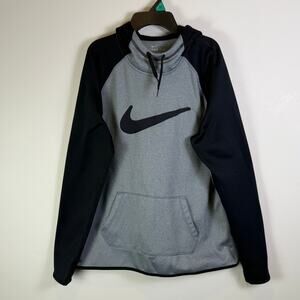 Nike Therma Hoodie Mens L Center Swoosh Logo Black Gray Colorblock